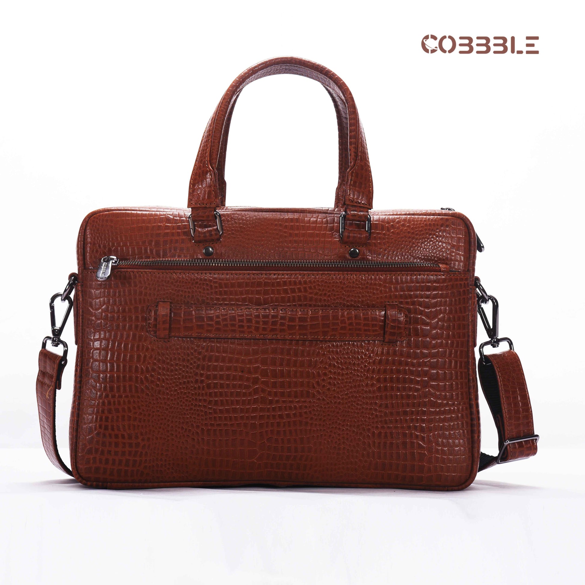 Cobbble Croco Classic Laptop Briefcase - Tan