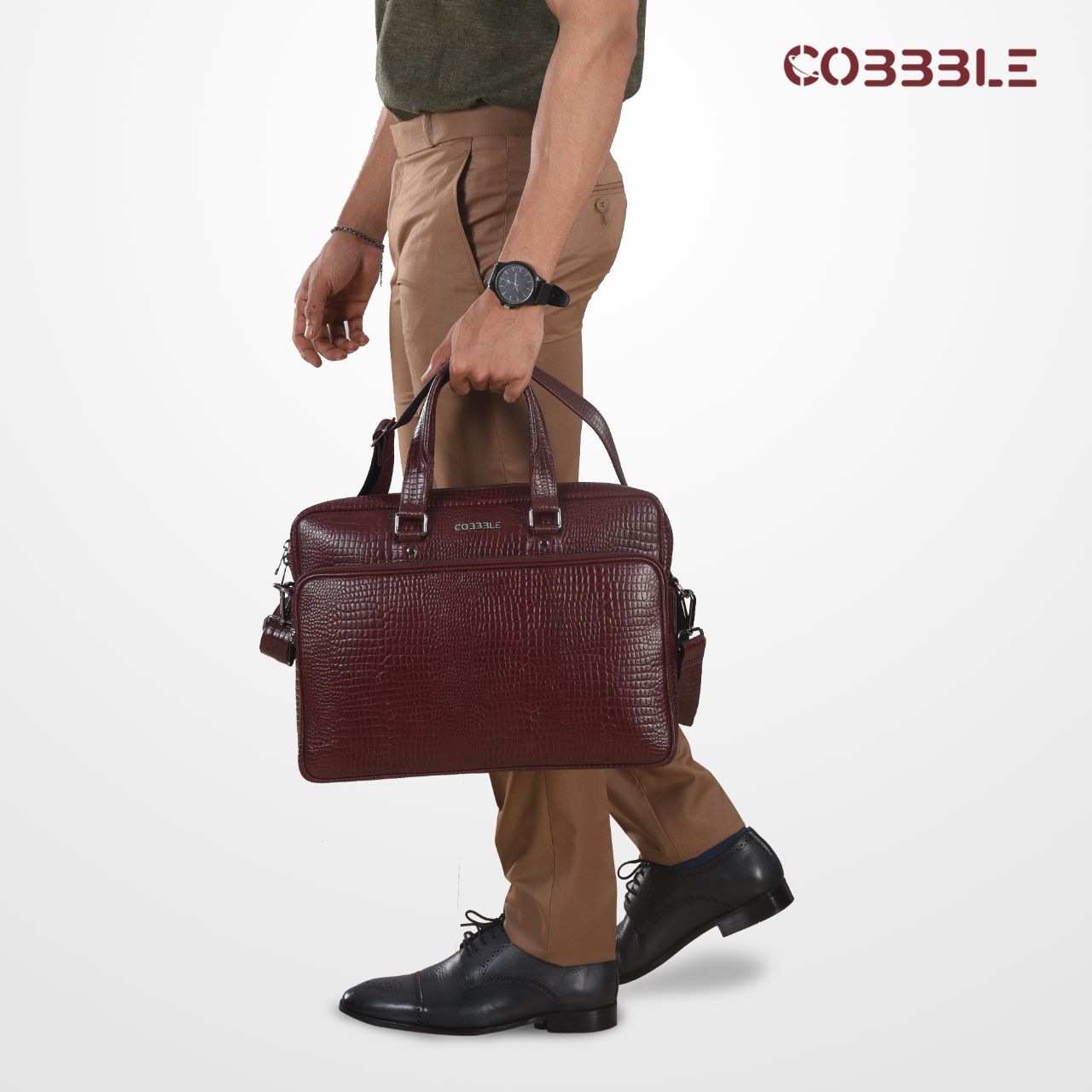 Cobbble Croco Classic Laptop Briefcase - Cherry