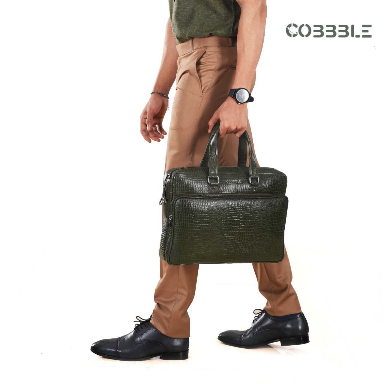 Cobbble Croco Classic Laptop Briefcase - Olive Green