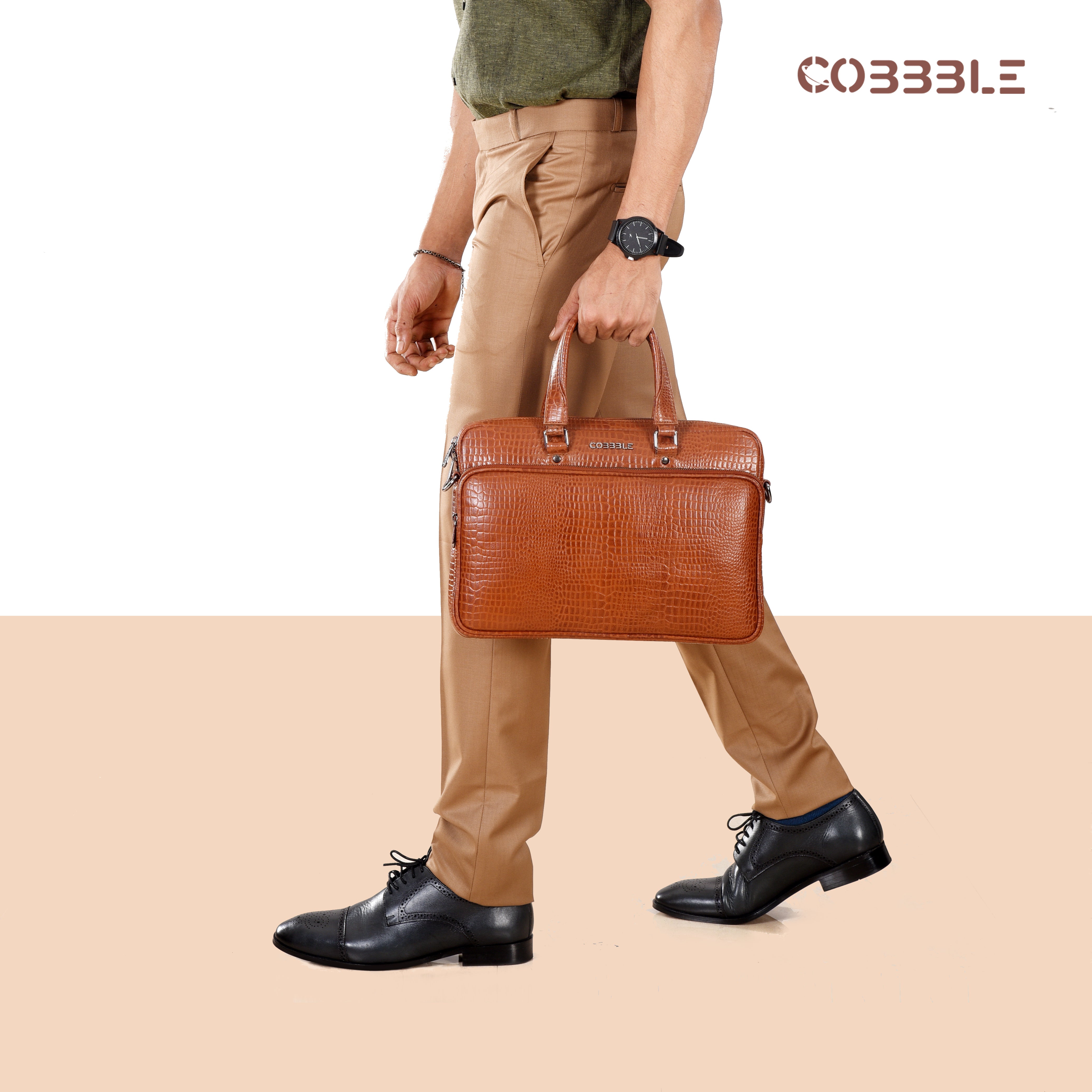 Cobbble Croco Classic Laptop Briefcase - Tan