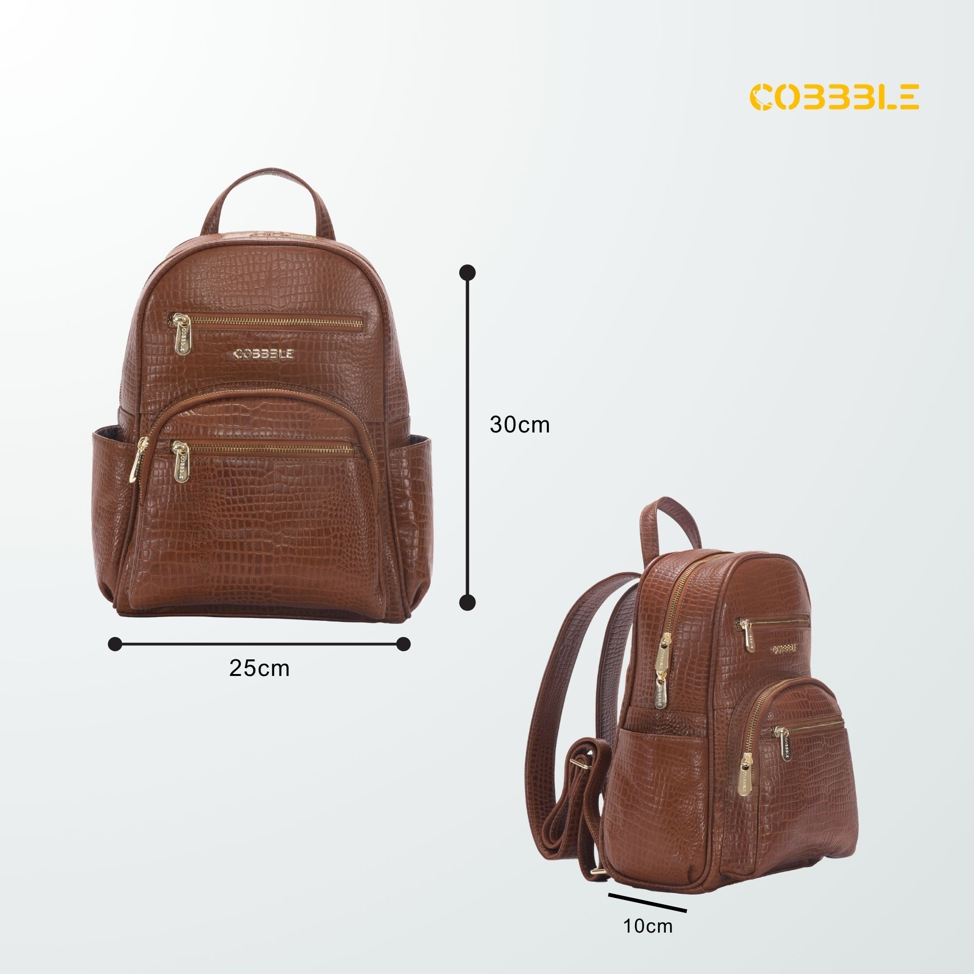 Cobbble Woman Croco Day Backpack - Tan, Multi-Pocket