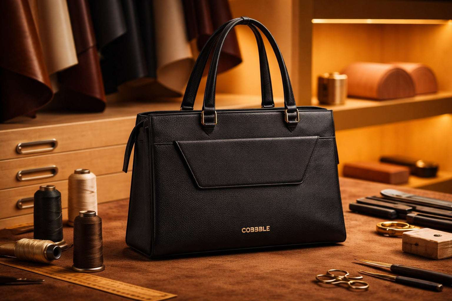 Cobbble Woman Shoulder Laptop Bag - Black, Multi-Pocket