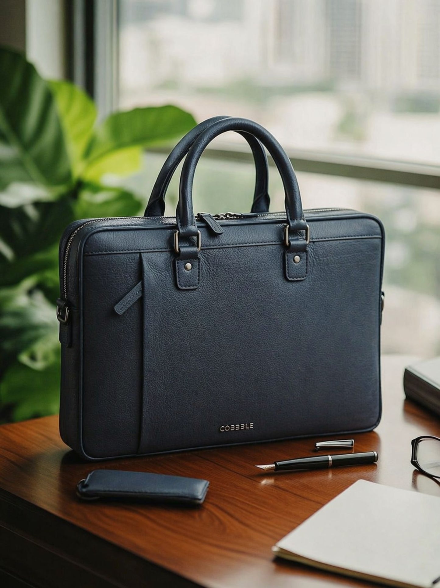 Cobbble Flat Grain Metro Laptop Briefcase - Grey
