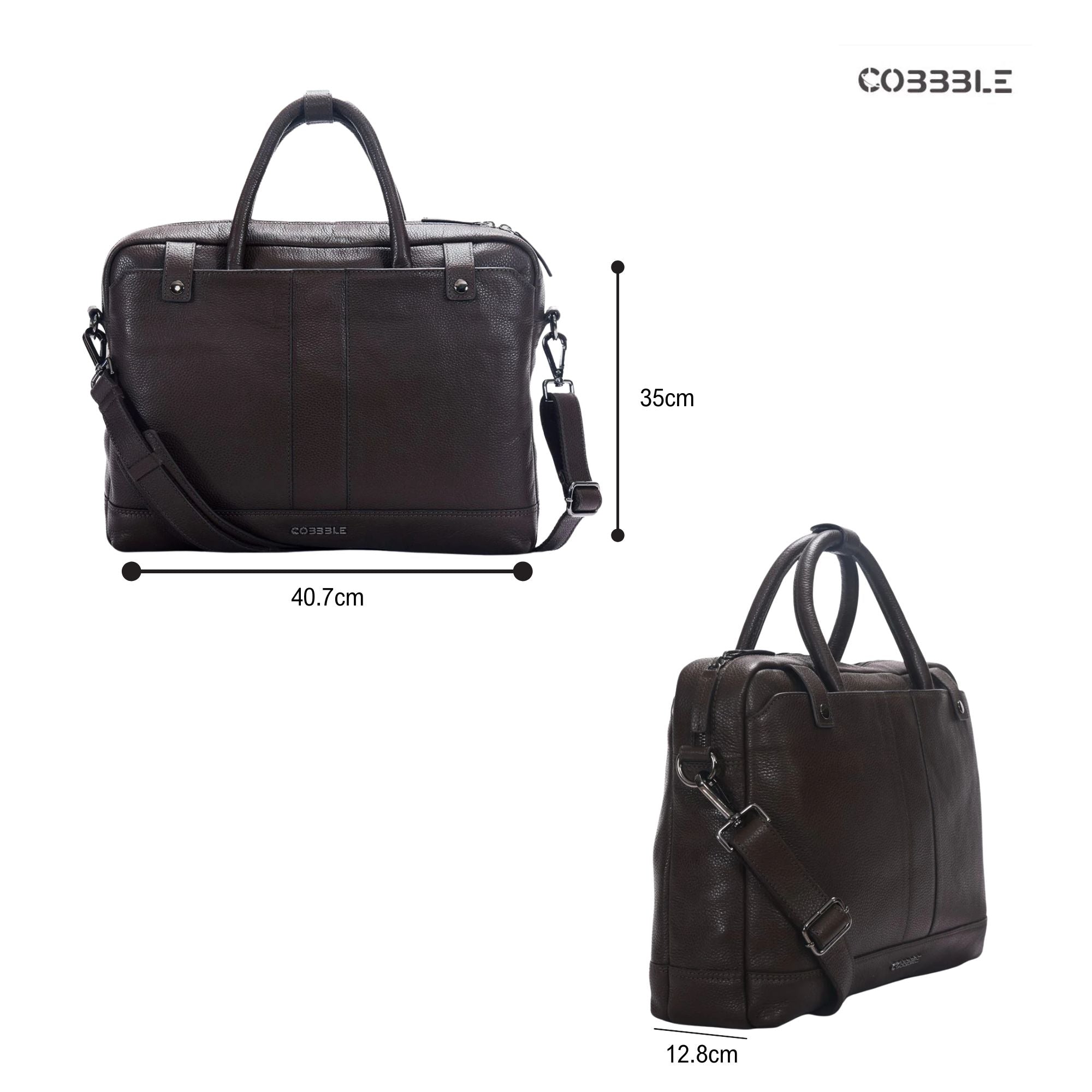 Cobbble Flat Grain Cambridge Laptop Briefcase - Dark Brown