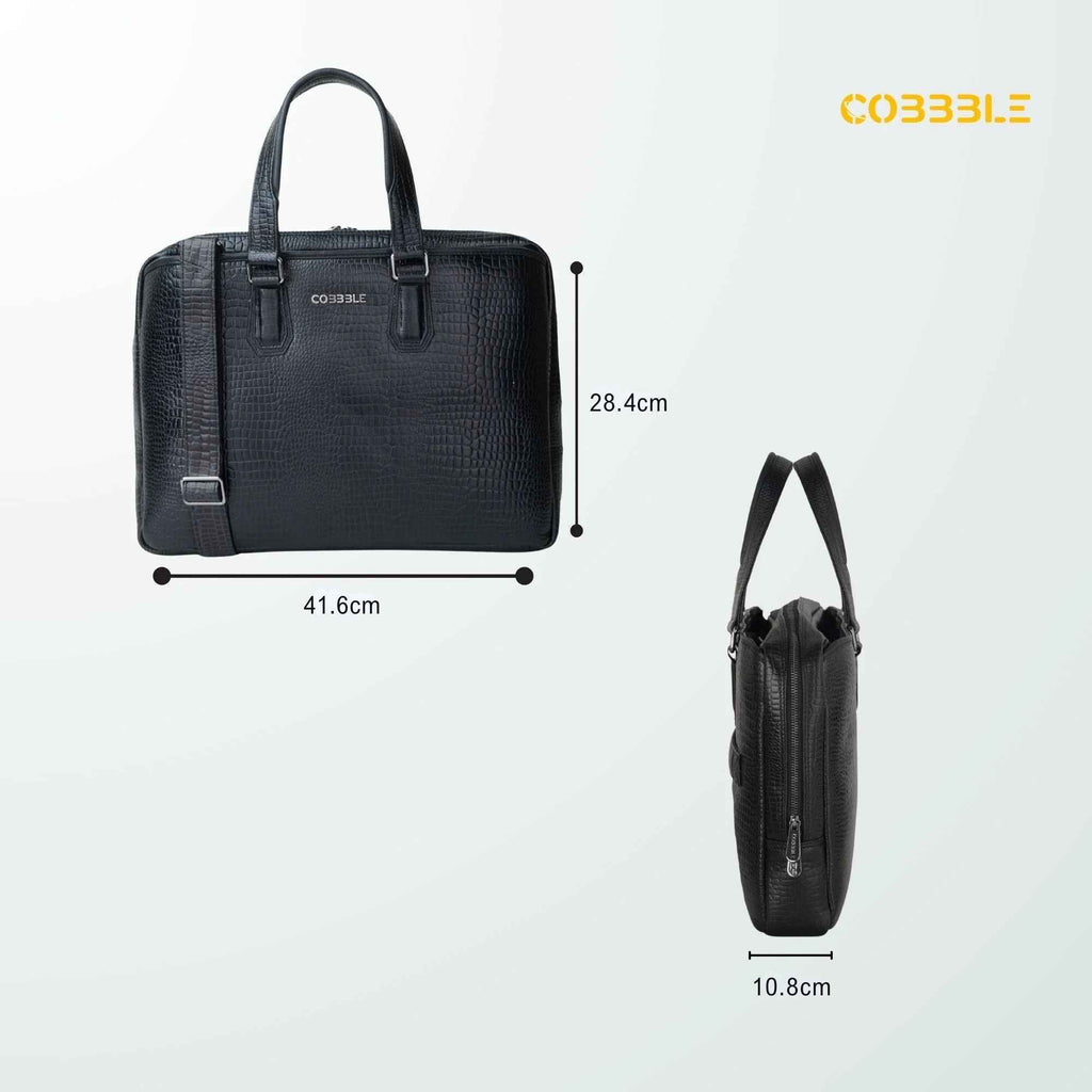 Cobbble Croco Executive Laptop Briefcase - Black Leather