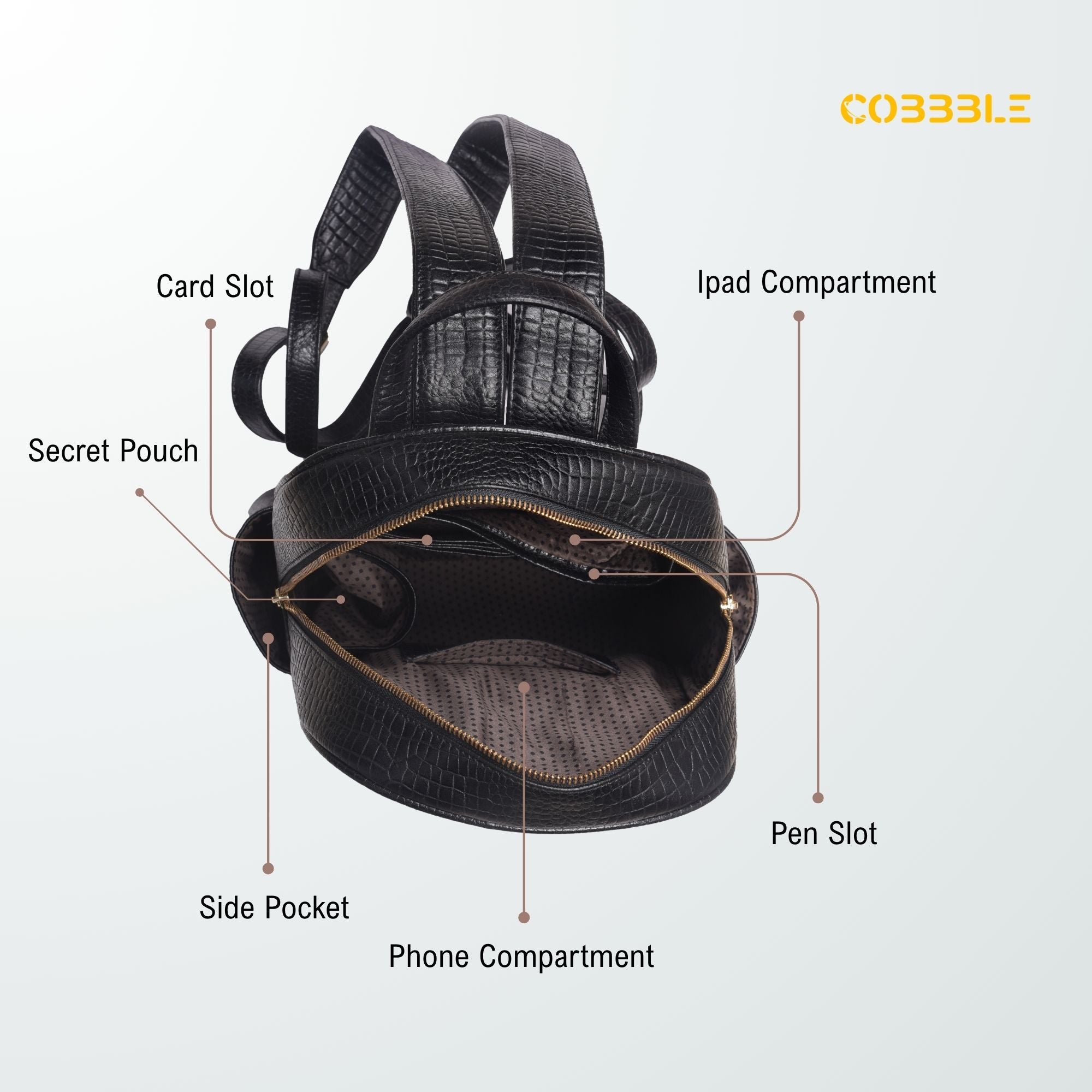 Cobbble Woman Croco Day Backpack - Black, Multi-Pocket