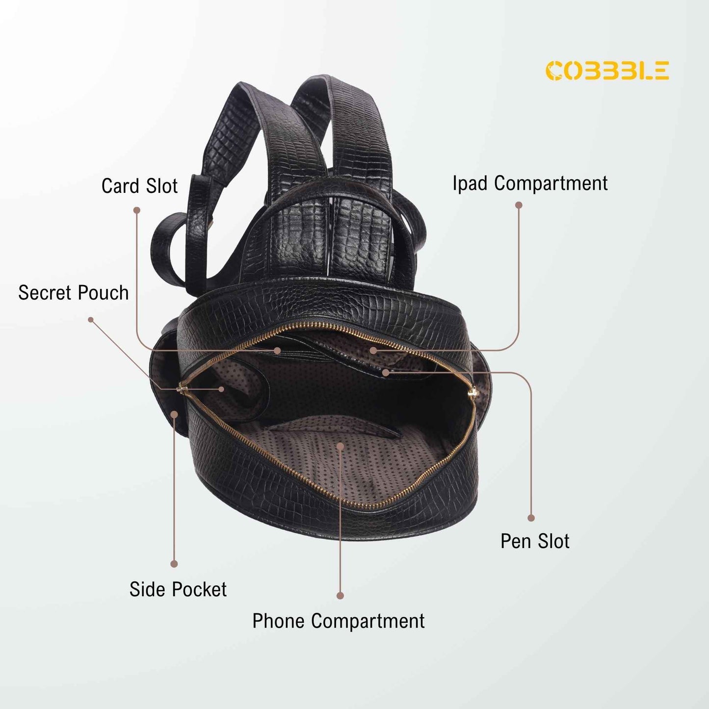 Cobbble Woman Croco Day Backpack - Black, Multi-Pocket