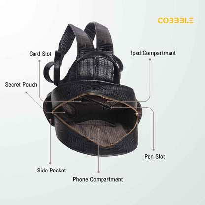 Cobbble Woman Croco Day Backpack - Black, Multi-Pocket