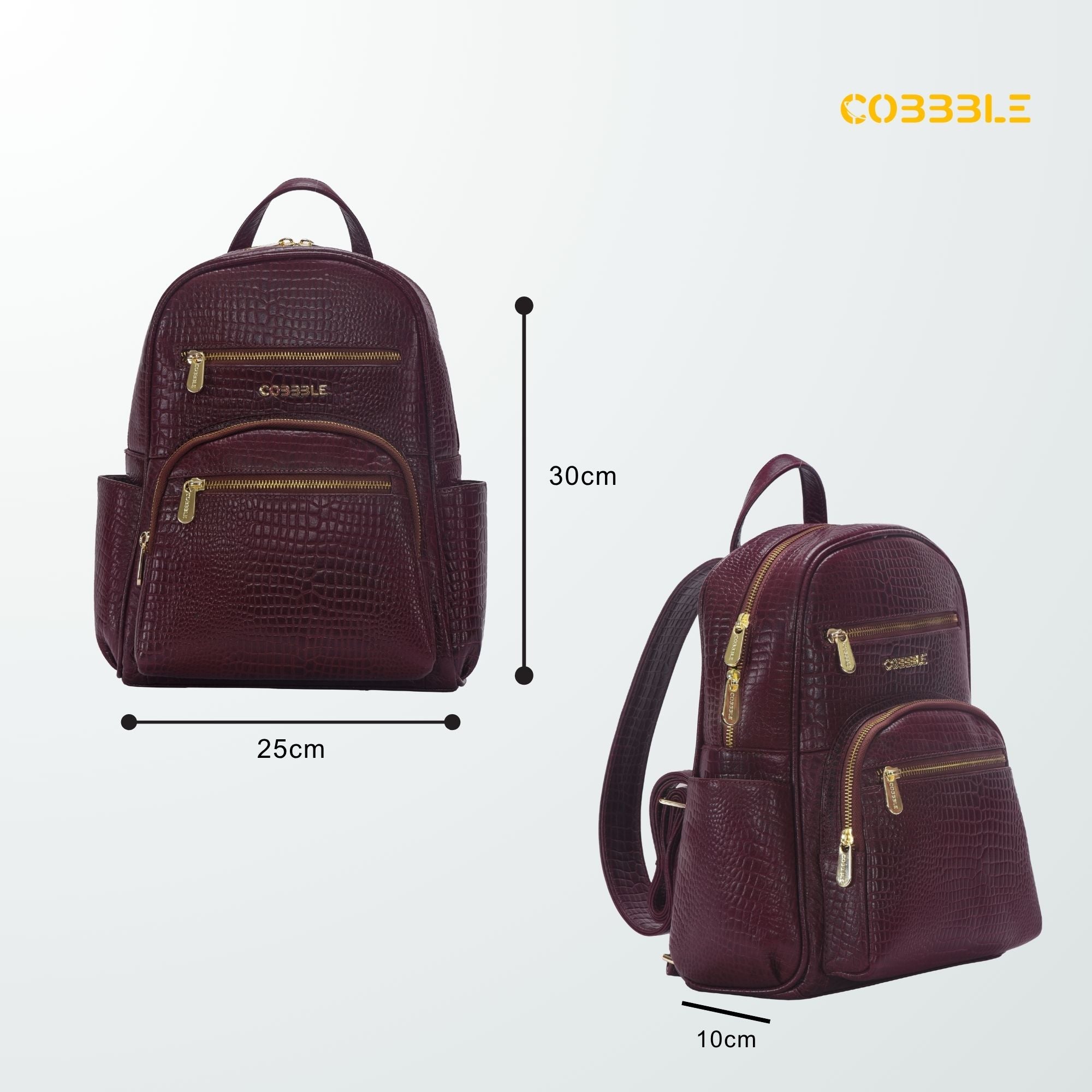 Cobbble Woman Croco Day Backpack - Cherry, Multi-Pocket