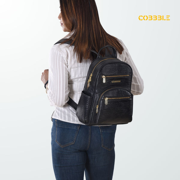 Cobbble Woman Croco Day Backpack - Black, Multi-Pocket