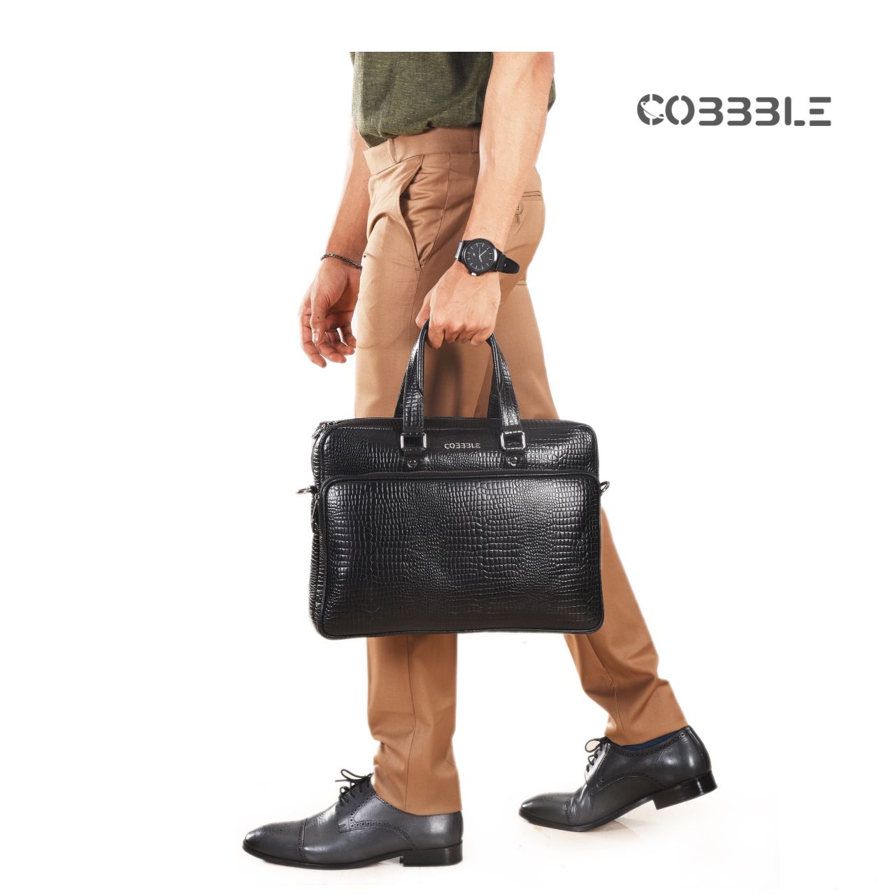 Cobbble Croco Classic Laptop Briefcase - Black