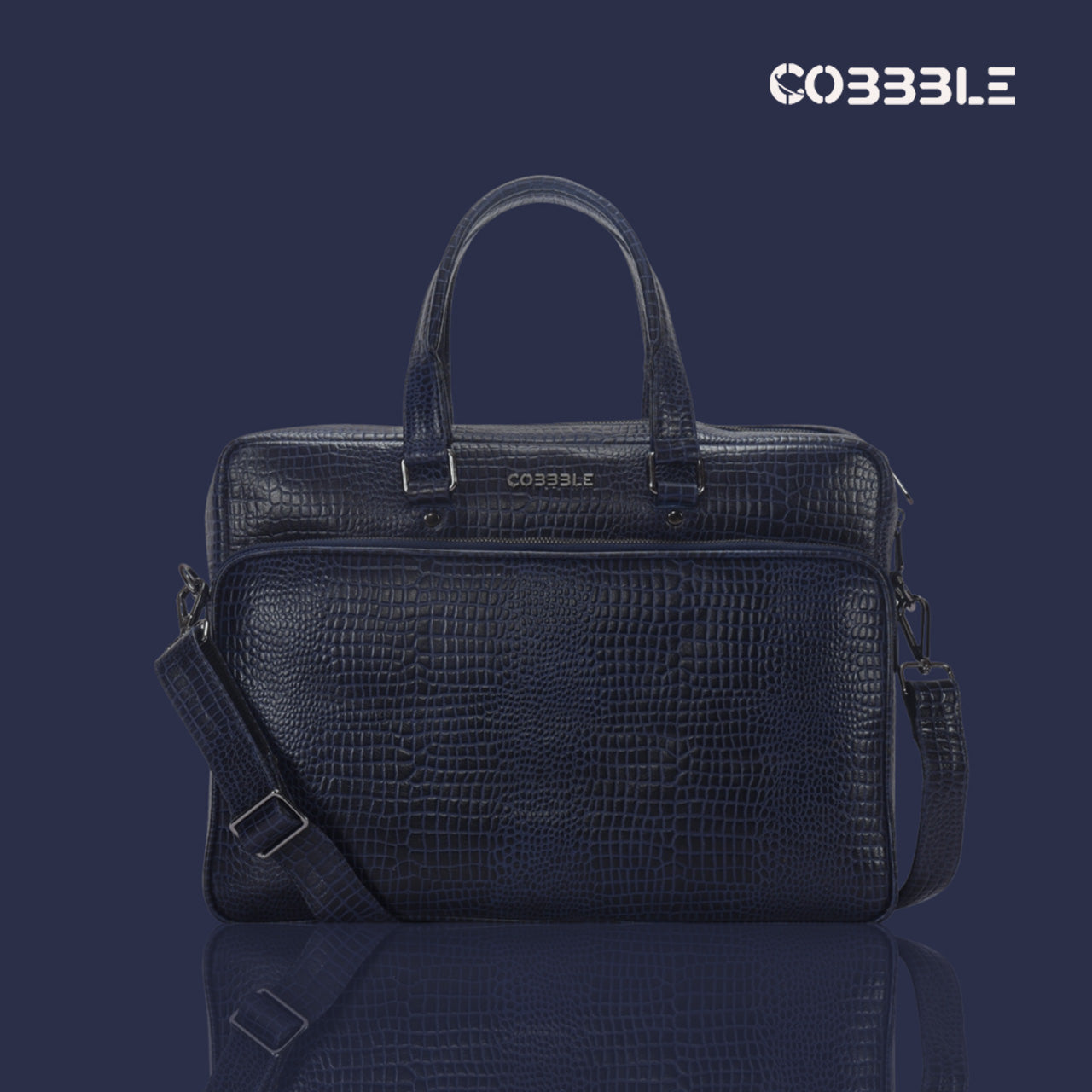 Cobbble Croco Classic Laptop Briefcase - Navy Blue