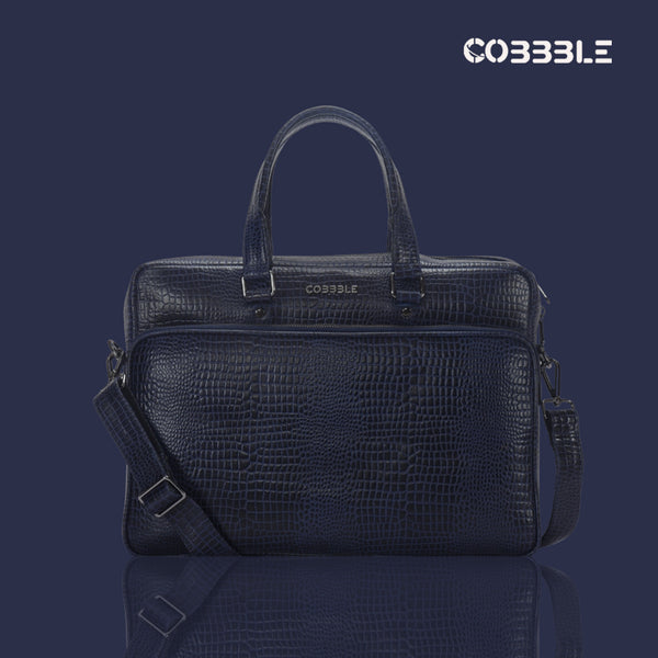 Cobbble Croco Classic Laptop Briefcase - Navy Blue