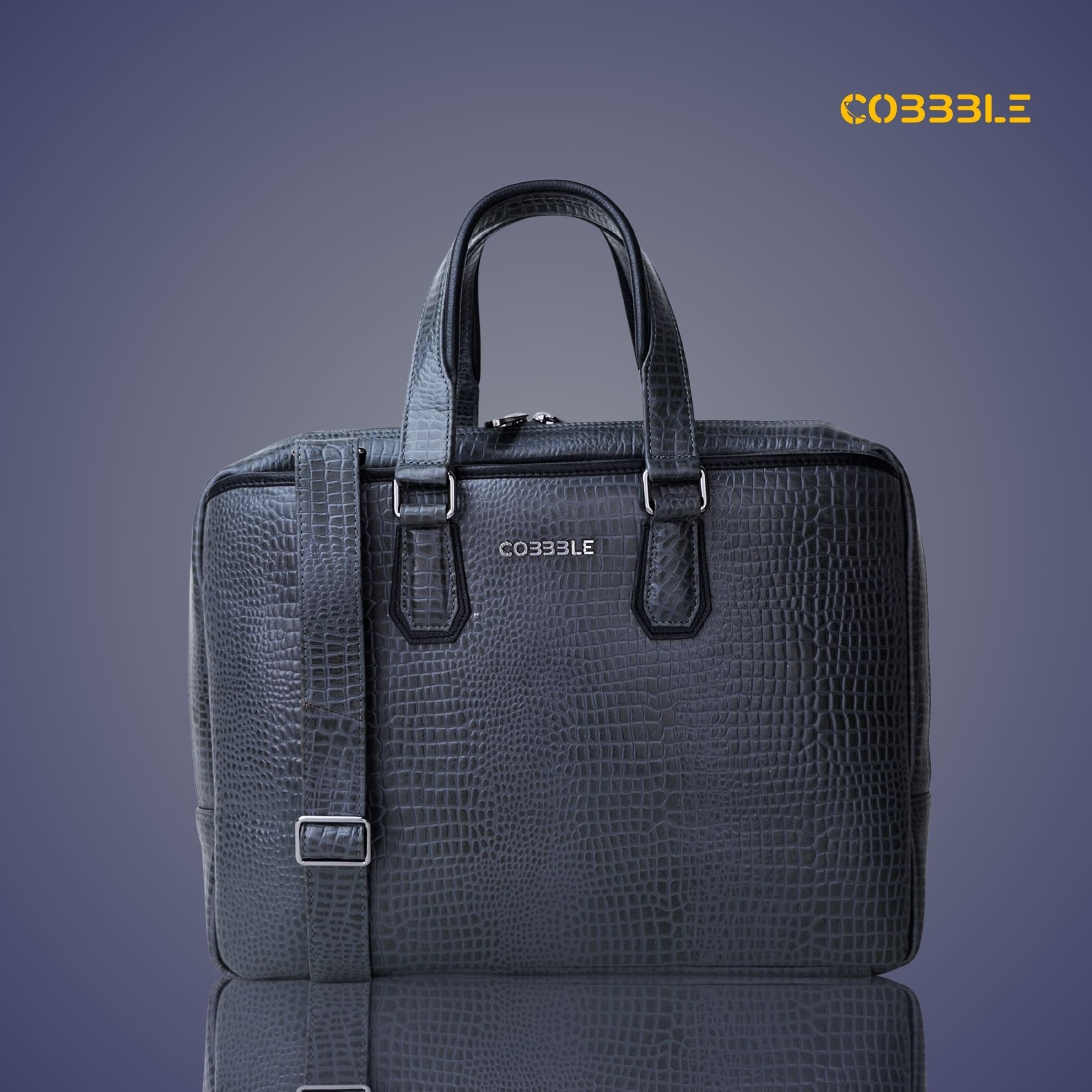 Cobbble Croco Executive Laptop Briefcase - Navy Blue