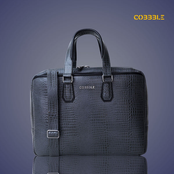 Cobbble Croco Executive Laptop Briefcase - Navy Blue