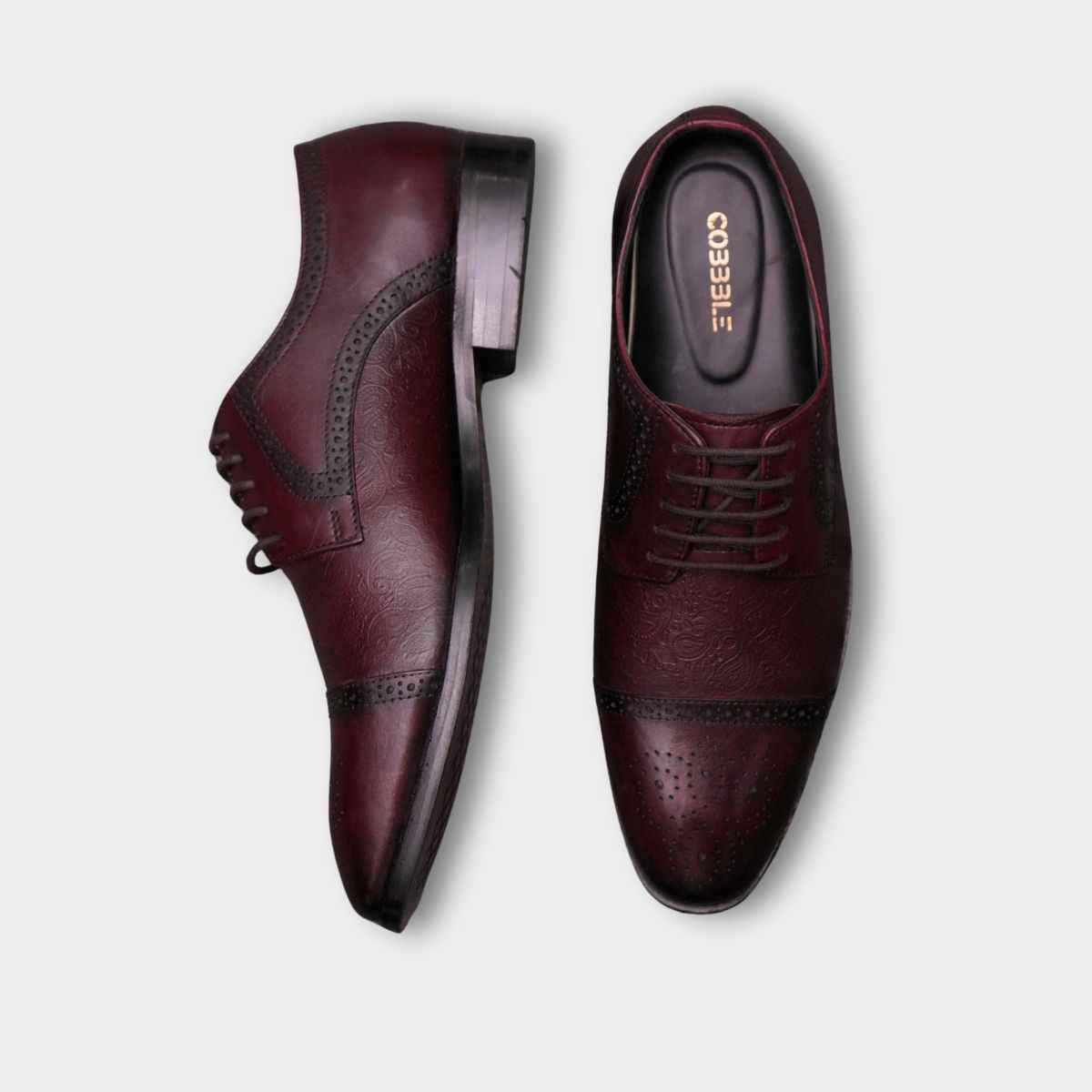 Cobbble Men's Premium Engraved Brogue Leather Shoes - Cherry
