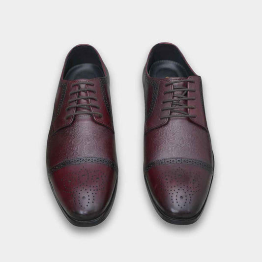 Cobbble Men's Premium Engraved Brogue Leather Shoes - Cherry