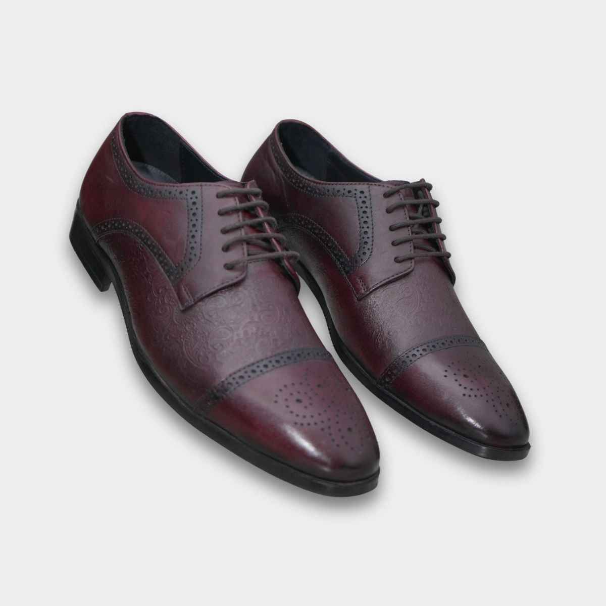 Cobbble Men's Premium Engraved Brogue Leather Shoes - Cherry
