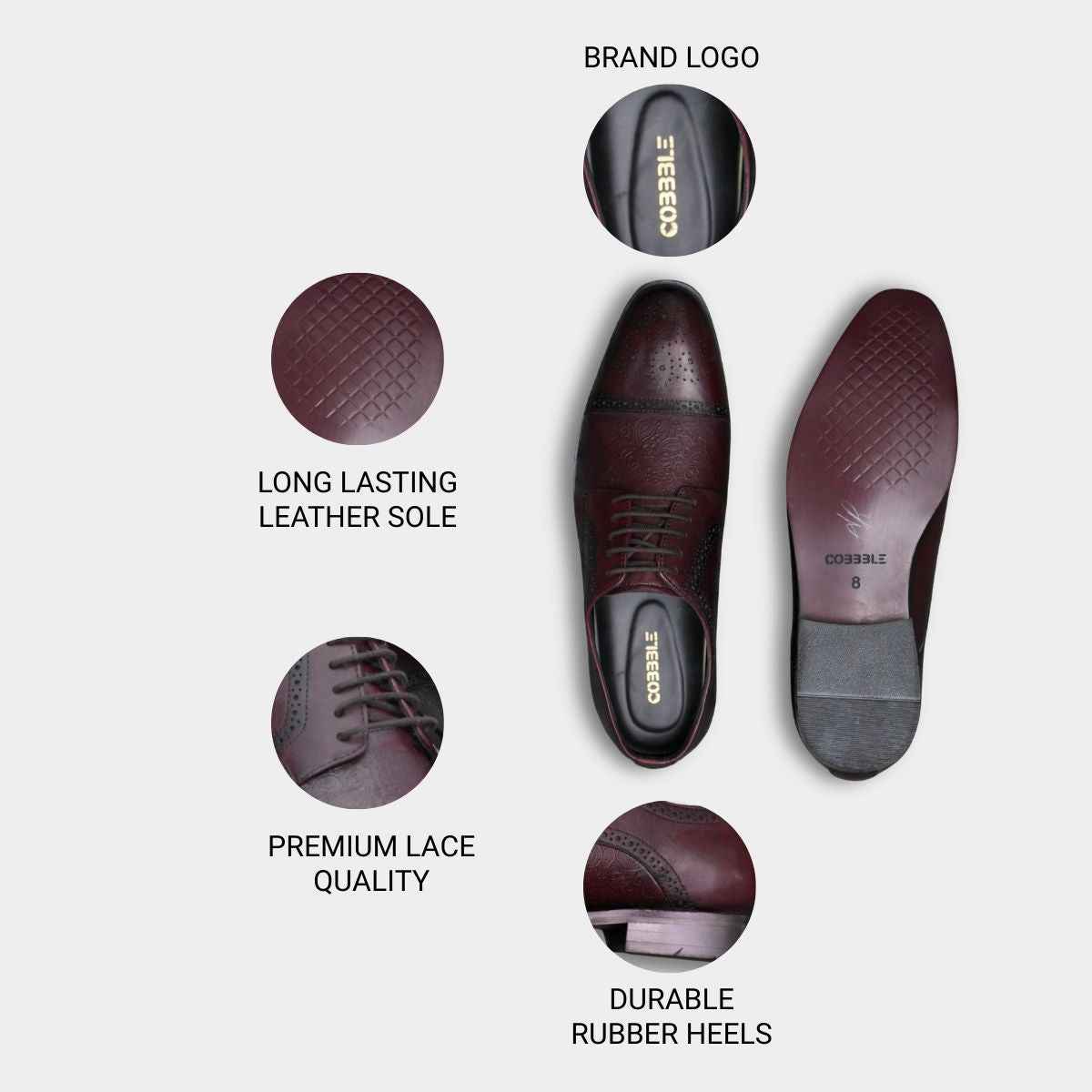 Cobbble Men's Premium Engraved Brogue Leather Shoes - Cherry