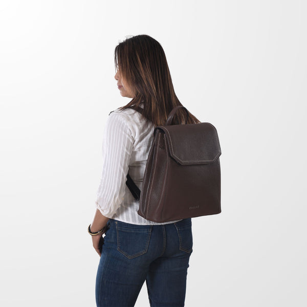 Cobbble Woman Mabel Flap Backpack – Dark Brown, Tab Sleeve