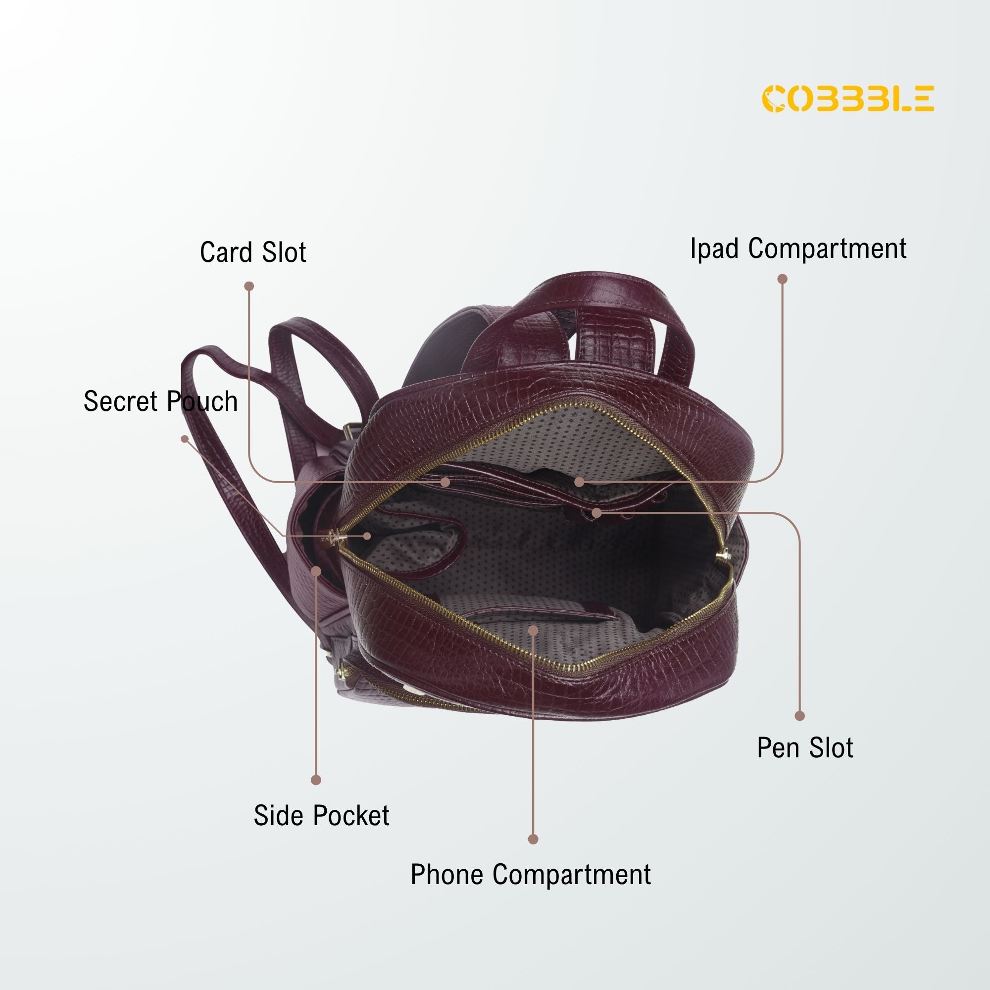 Cobbble Woman Croco Day Backpack - Cherry, Multi-Pocket