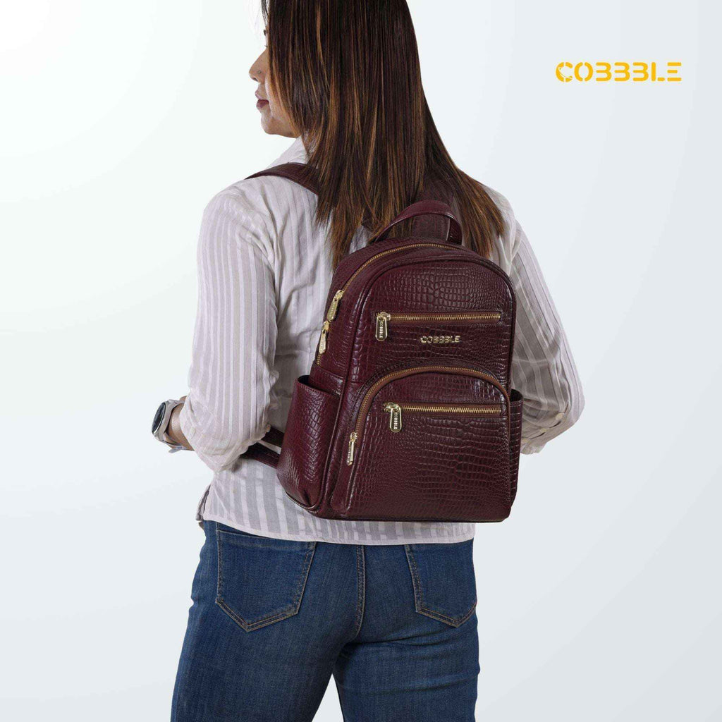 Luxury Backpack for Women - Cobbble Croco Day Backpack in Cherry