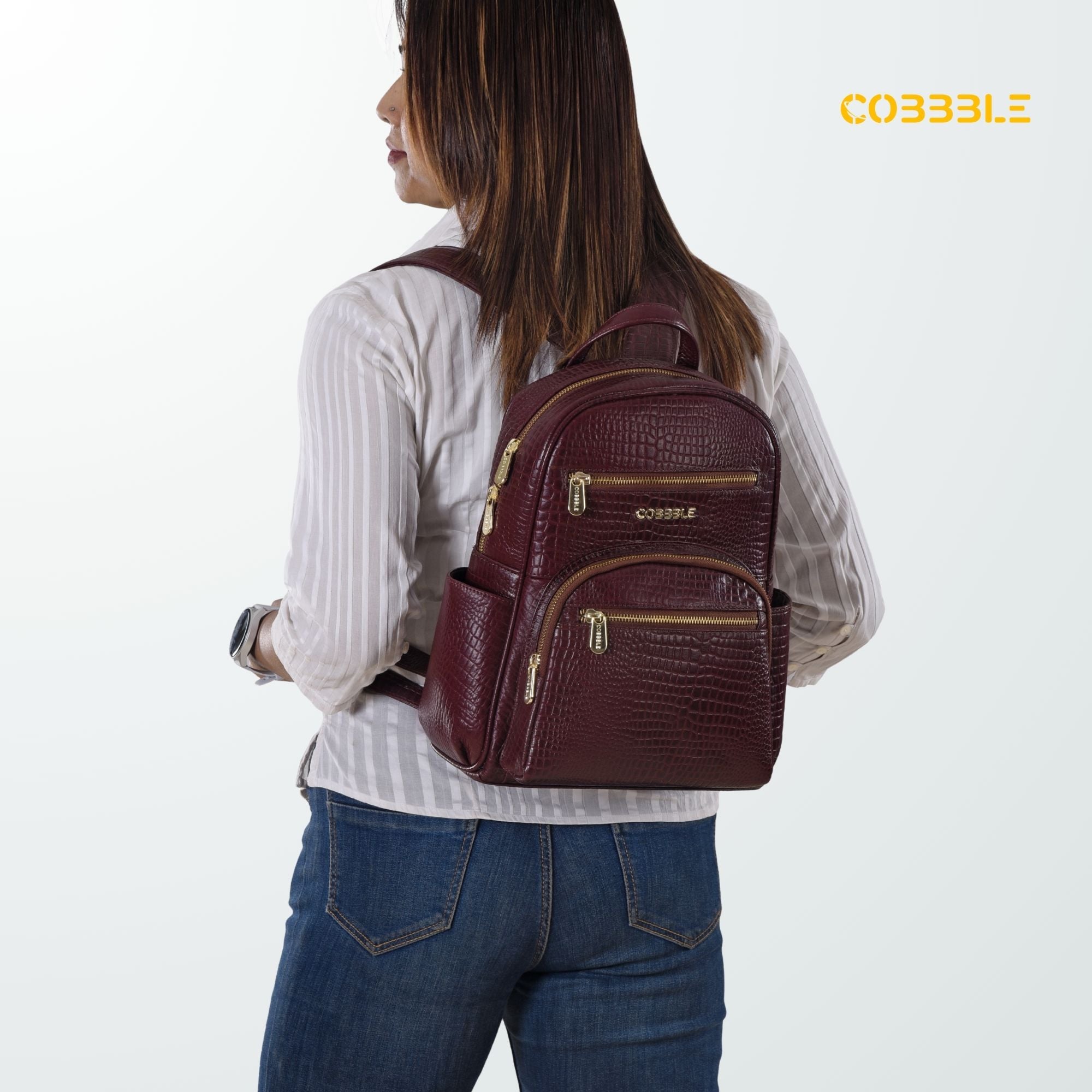 Cobbble Woman Croco Day Backpack - Cherry, Multi-Pocket