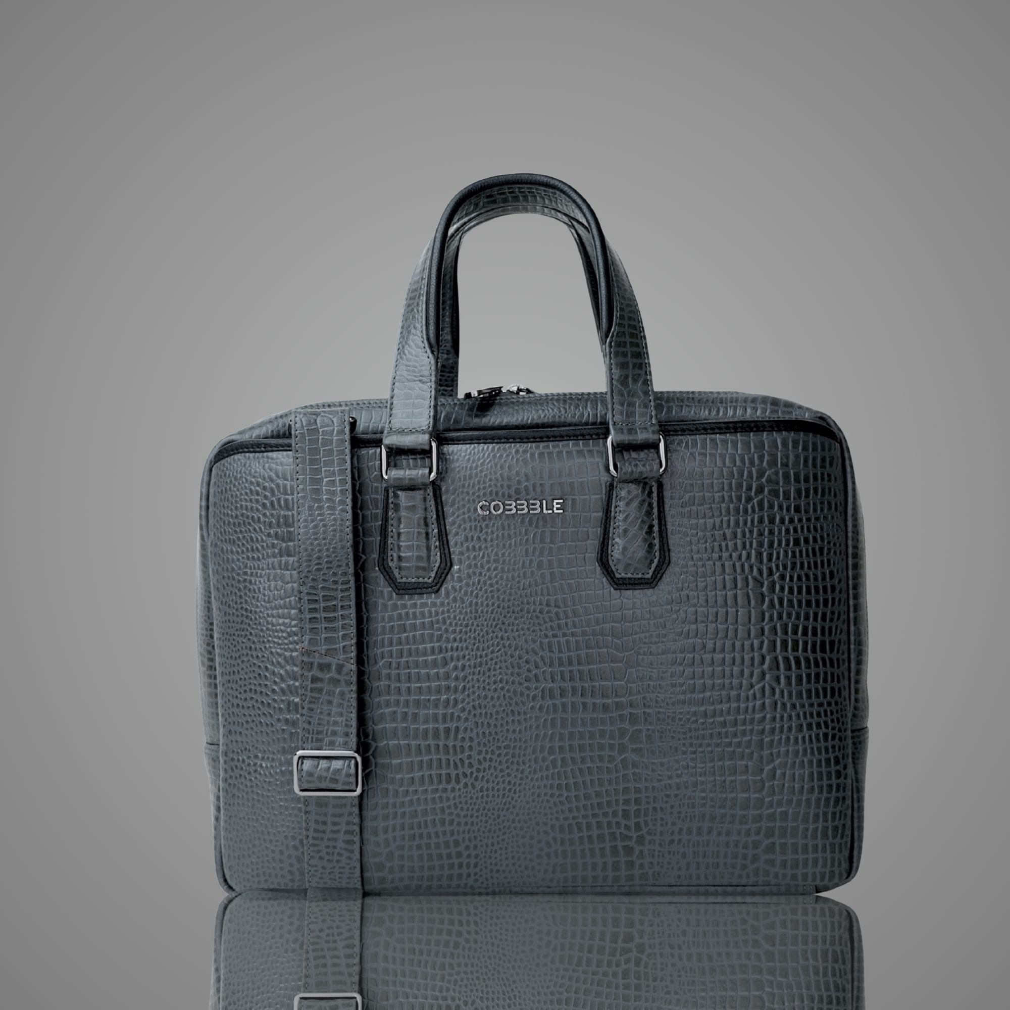 Cobbble Croco Executive Laptop Briefcase - Grey