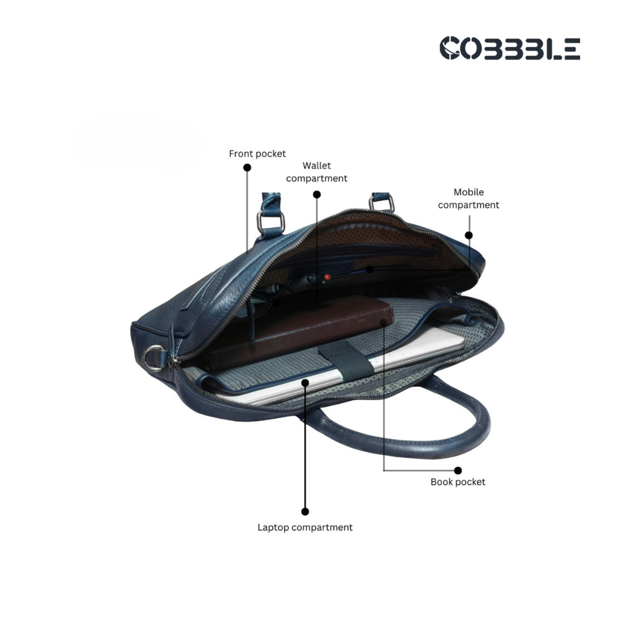 Cobbble Flat Grain Metro Laptop Briefcase - Navy Blue