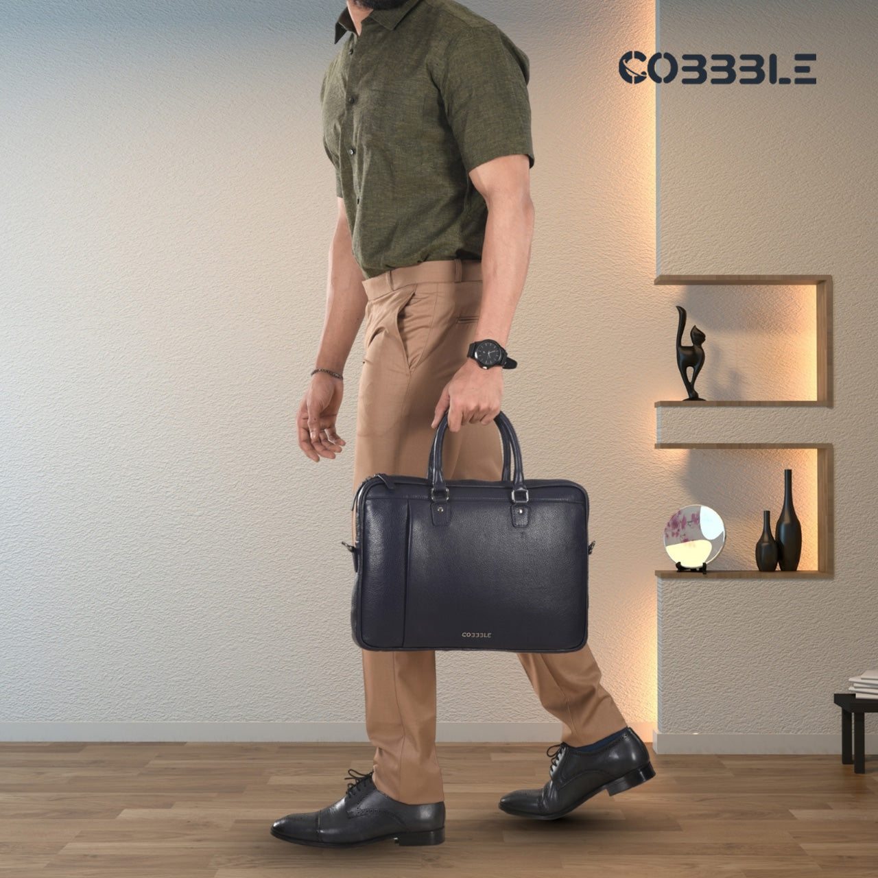 Cobbble Flat Grain Metro Laptop Briefcase - Navy Blue