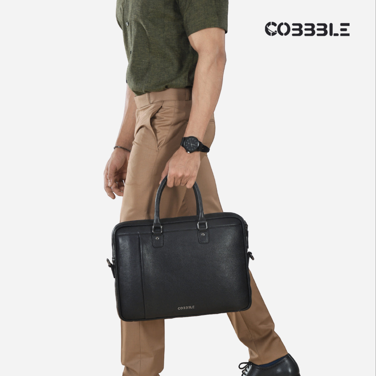 Cobbble Flat Grain Metro Laptop Briefcase - Black