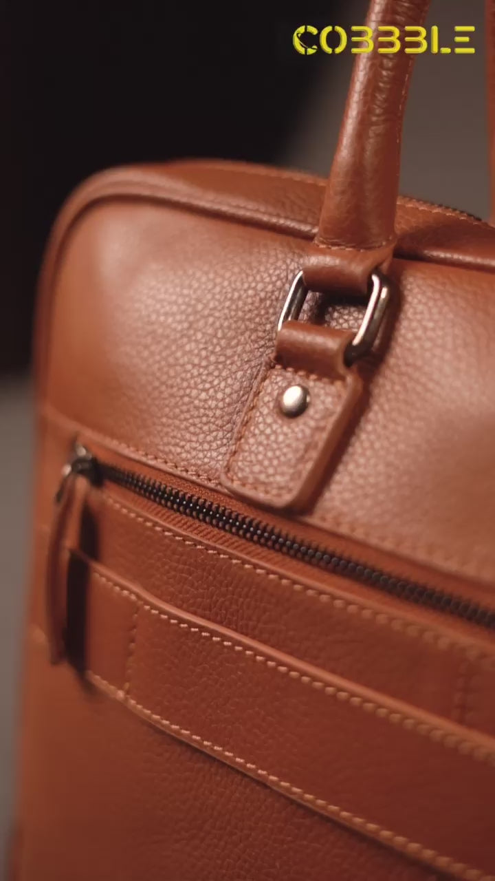 Cobbble Flat Grain Metro Laptop Briefcase - Tan