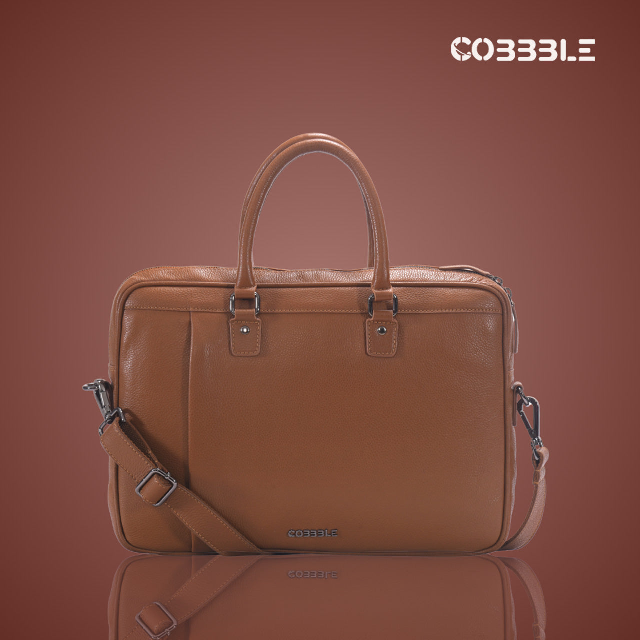 Cobbble Flat Grain Metro Laptop Briefcase - Tan