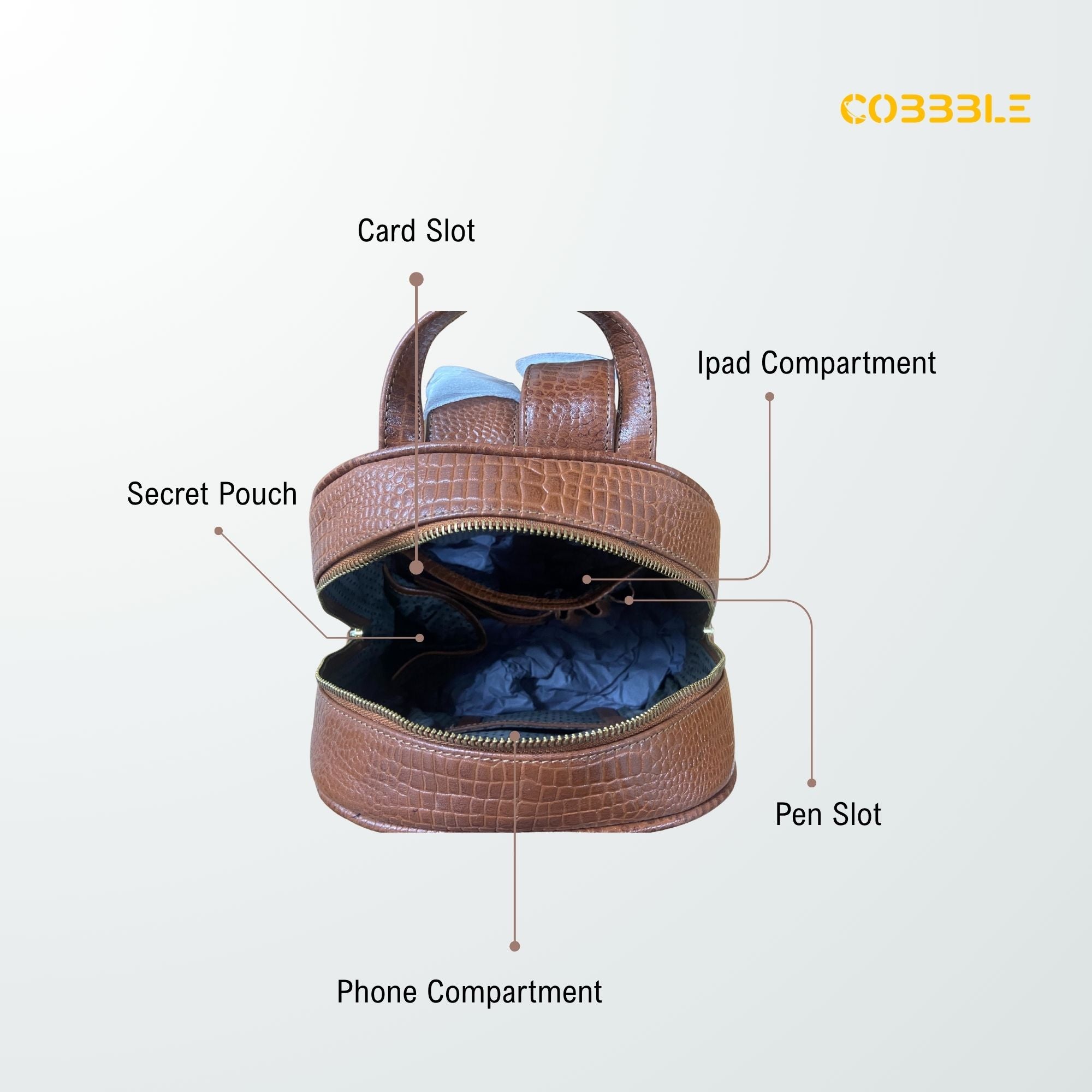 Cobbble Woman Croco Day Backpack - Tan, Multi-Pocket