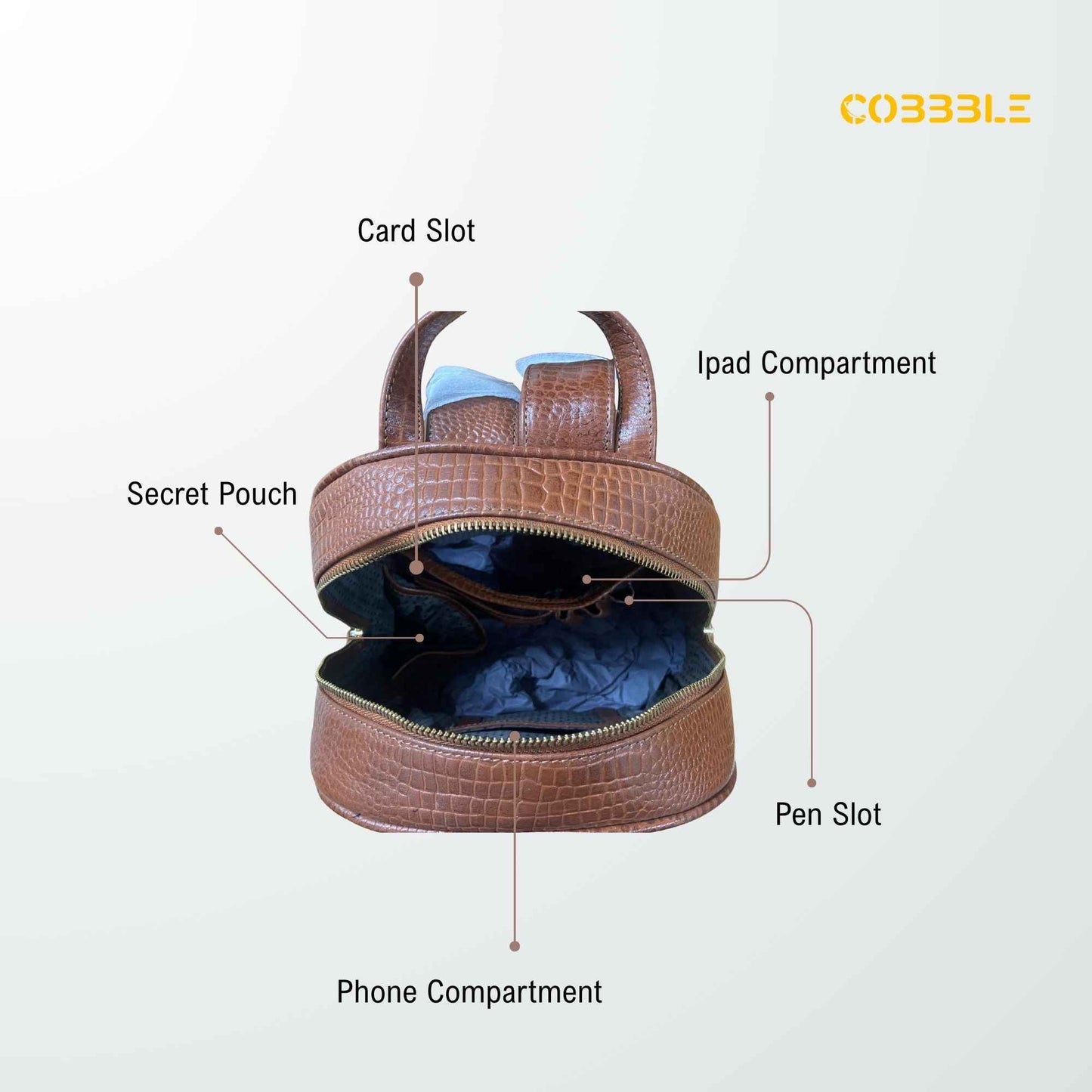 Cobbble Woman Croco Day Backpack - Tan, Multi-Pocket