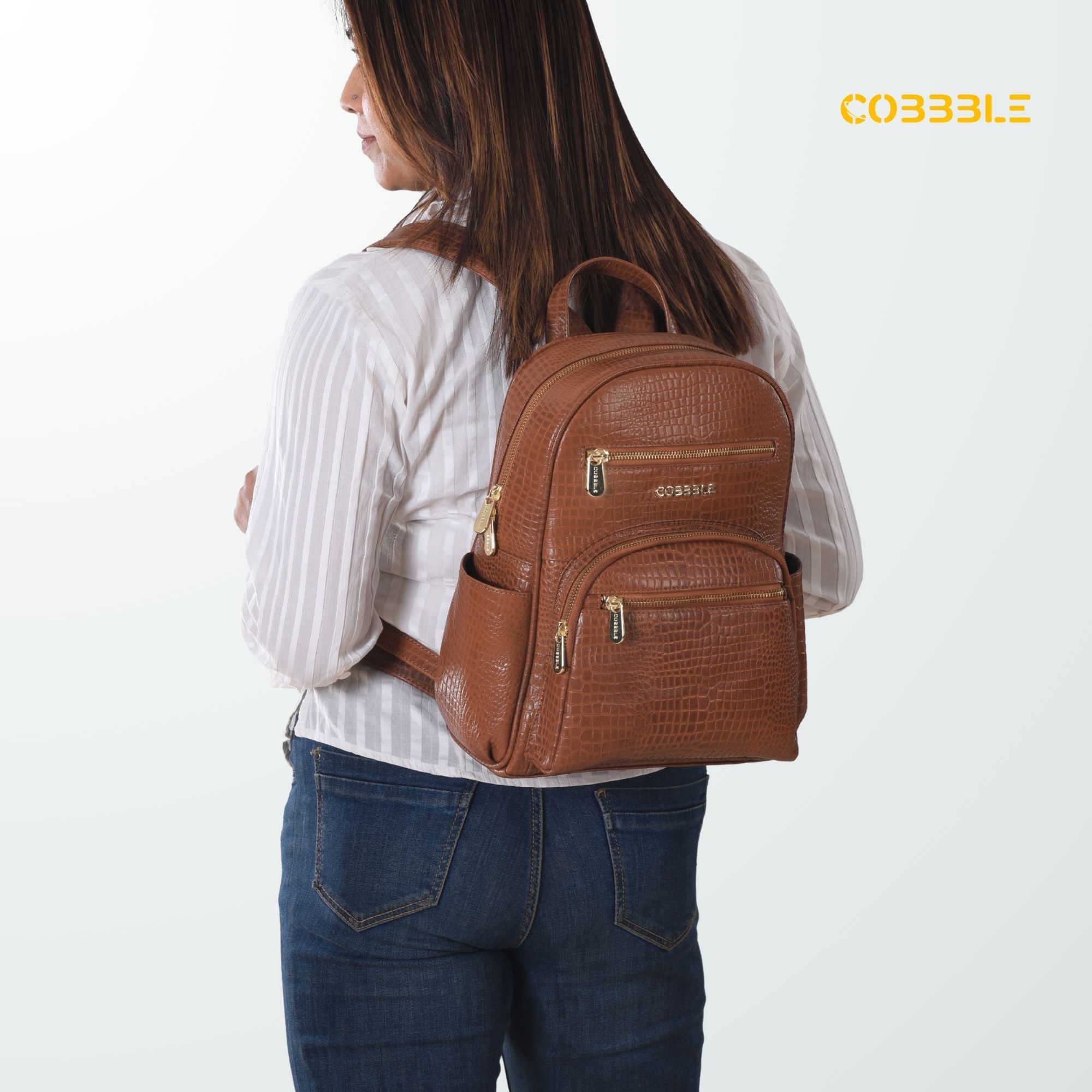 Cobbble Woman Croco Day Backpack - Tan, Multi-Pocket